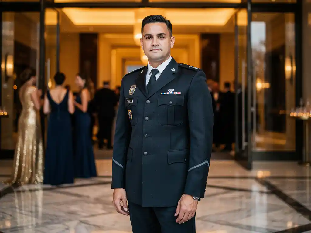 Beveiligingsmedewerker in donker uniform bij ingang van luxe evenementenlocatie, gasten in avondkleding op achtergrond.