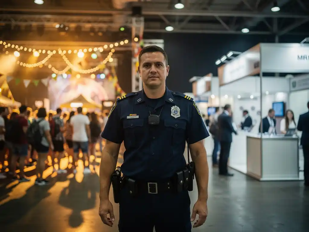 Beveiligingsmedewerker in uniform op kruispunt tussen druk buitenfestival met amberkleurig podiumlicht en professionele beursvloer met wit tentoonstellingslicht.