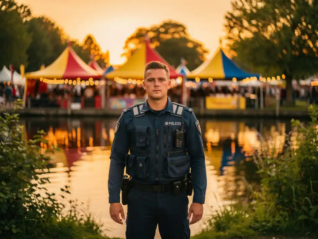 Beveiligingsmedewerker in uniform bij een waterfront festival in Nederland, met kleurrijke tenten en lichtjes weerspiegeld in een Hollandse gracht.