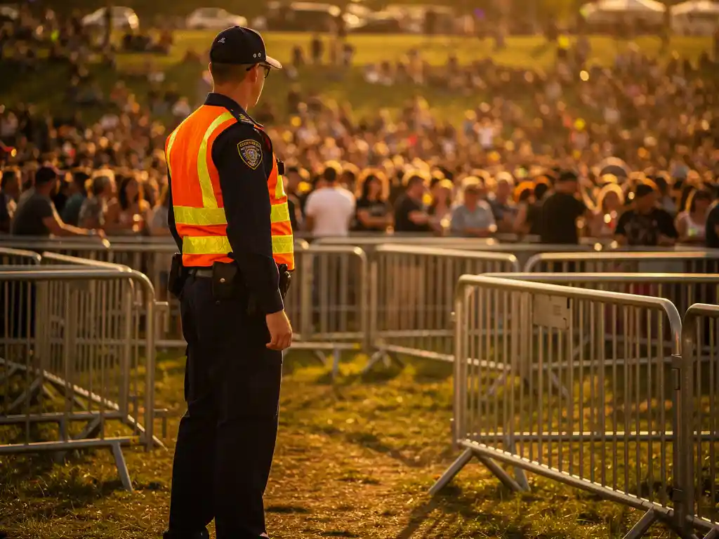 Beveiligingsmedewerker in oranje hesje bewaakt festivalmeute achter tijdelijke dranghekken in gouden middagzon.
