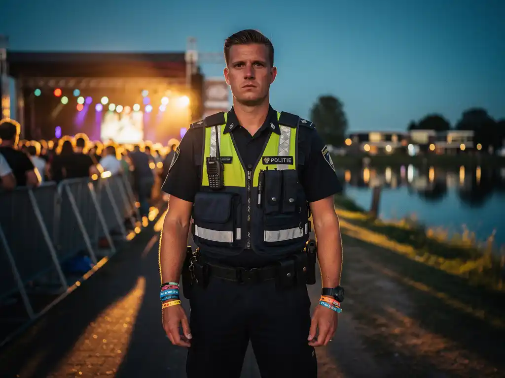 Beveiliger in uniform bij de ingang van een buitenfestival in Zuid-Holland, met kleurrijke podiumbewlichting en een Hollandse skyline in de schemering.