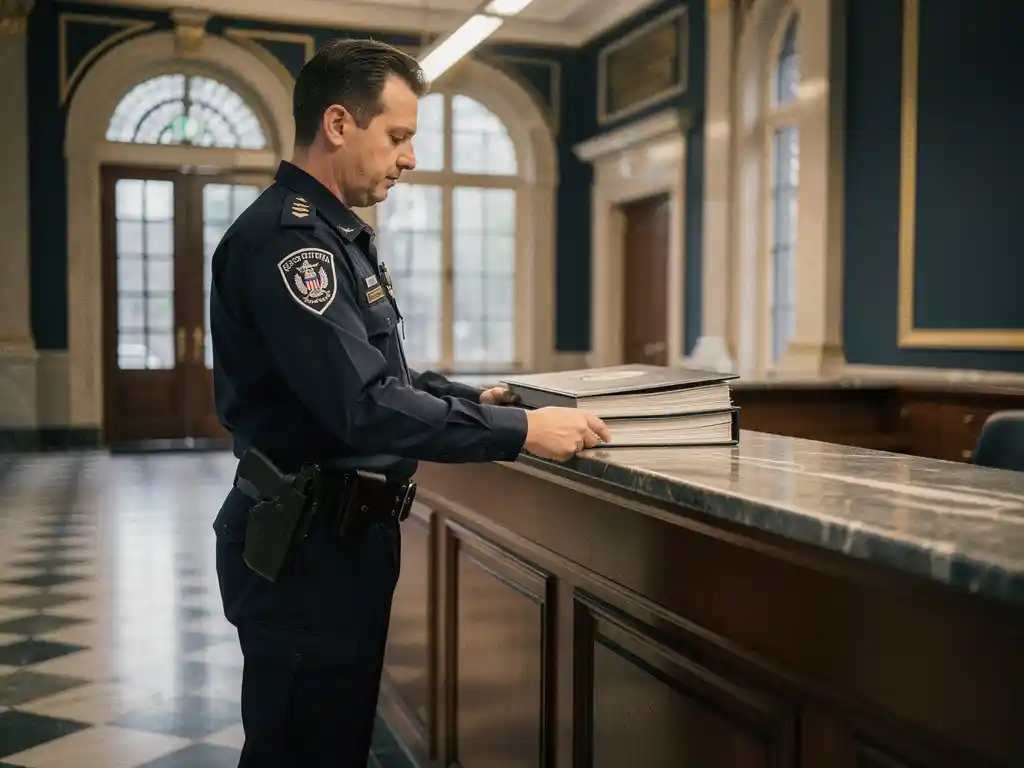 Beveiligingsmedewerker in uniform legt een officiële documentmap op een gemeentelijke receptiebalie in een Nederlands overheidsgebouw.