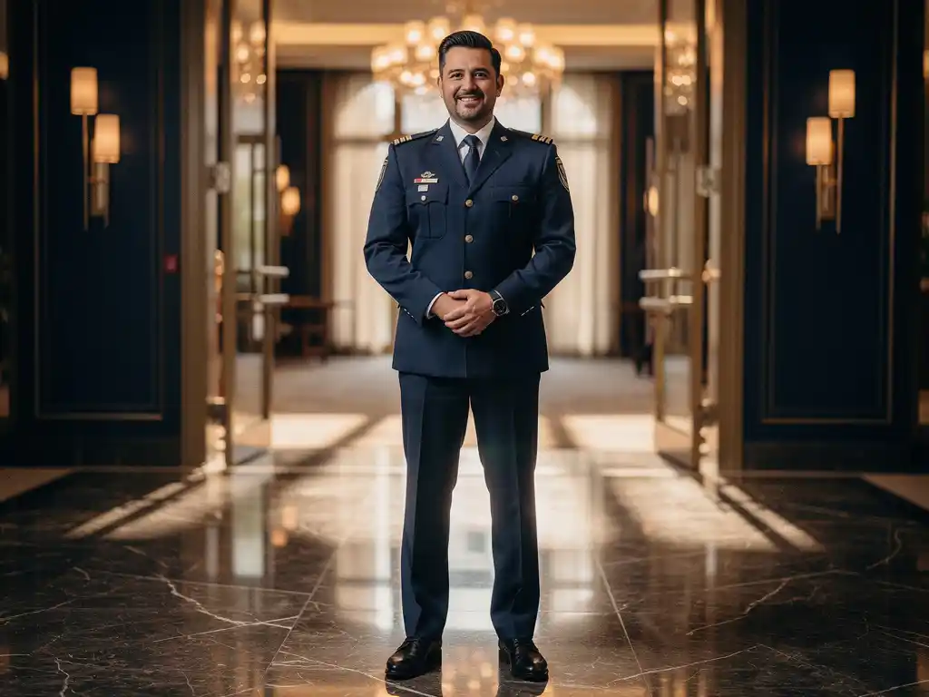 Professionele beveiliger in net uniform verwelkomt gasten bij ingang van luxe locatie met marmeren vloer en warme verlichting.