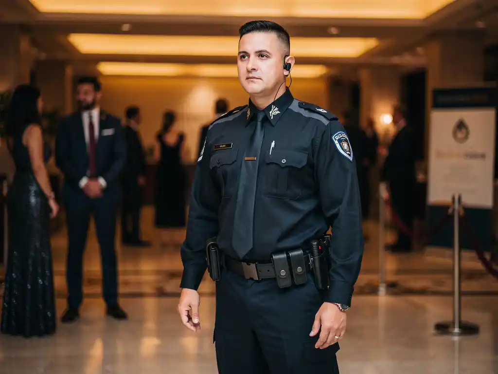 Beveiliger in donker uniform bij ingang van bedrijfsevenement, gasten op de achtergrond in warm verlichte foyer.