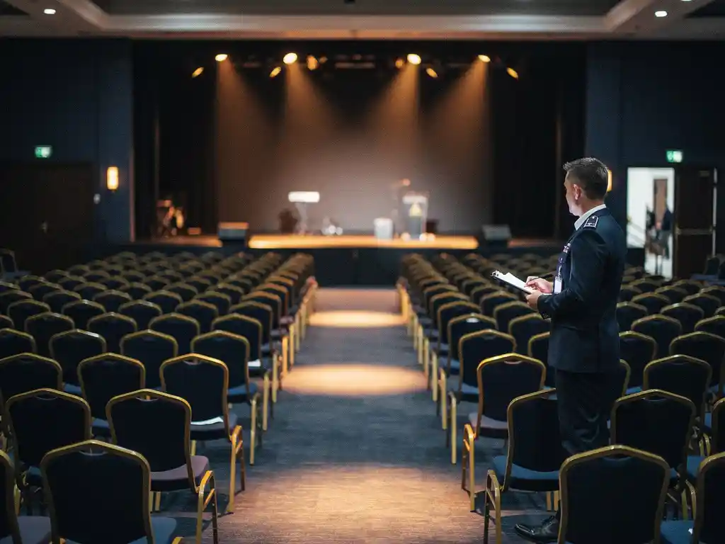 Lege stoelen in een bedrijfsevenementenlocatie met bewaker bij ingang, warm amberkleurig spotlicht op het podium.
