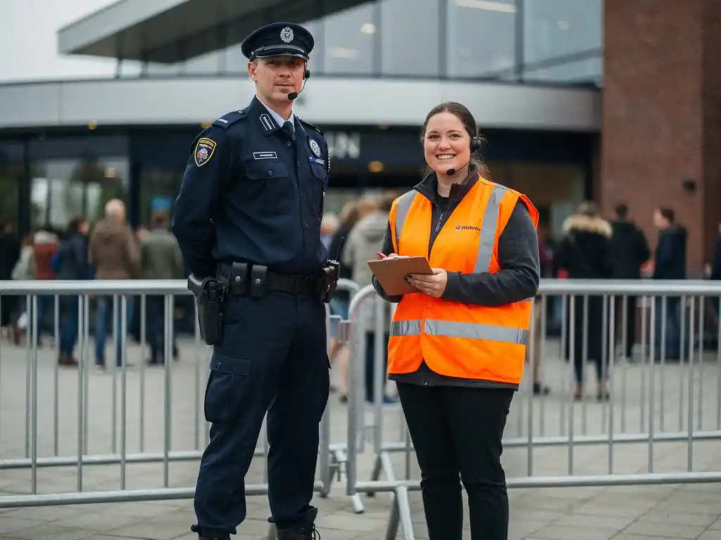 Beveiligingsmedewerker in donker uniform en steward in oranje hesje bij ingang evenementenlocatie met dranghekken.
