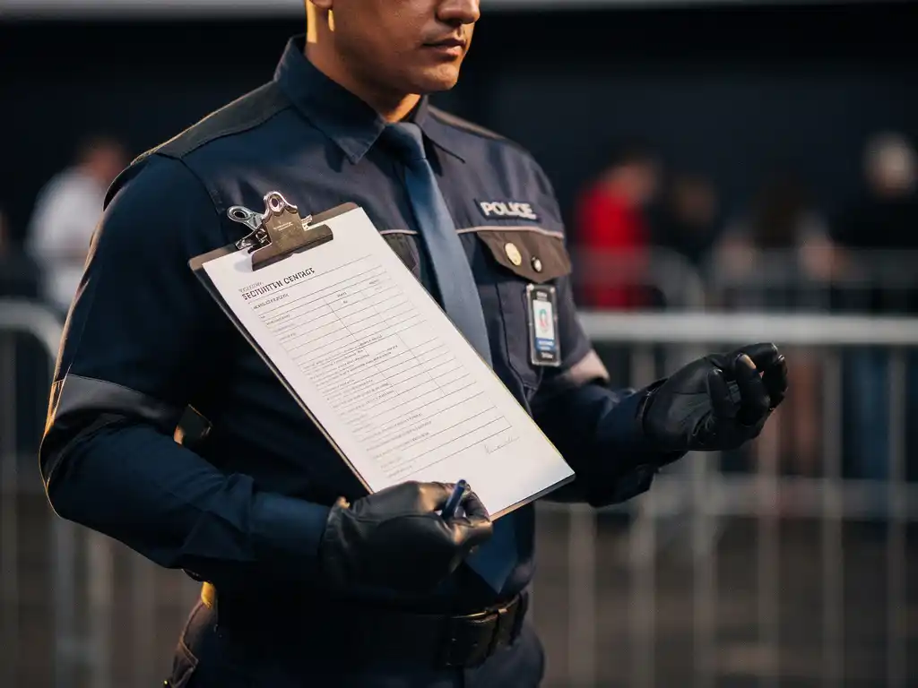 Beveiligingsmedewerker in uniform houdt klembord met formeel beveiligingscontract, met wazige dranghekken en evenementenverlichting op achtergrond.