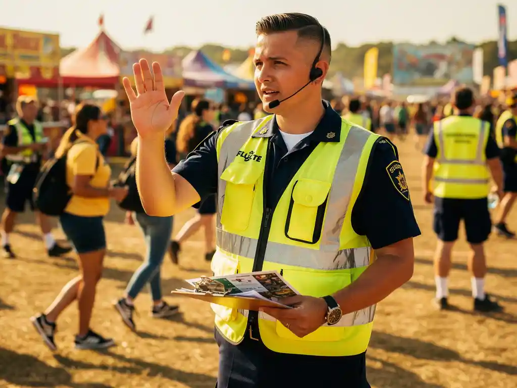 Beveiligingscoördinator in geel hesje met klembord en oortje leidt vrijwilligers op druk buitenfestival.