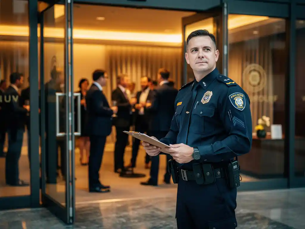 Beveiligingsmedewerker in uniform met klembord bij ingang van verlichte zakelijke evenementenlocatie, gasten op de achtergrond.