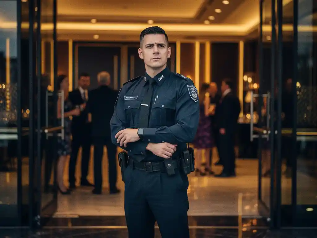Beveiligingsmedewerker in donker uniform bij ingang van elegante avondlocatie, bewaakt gasten in warm omgevingslicht.