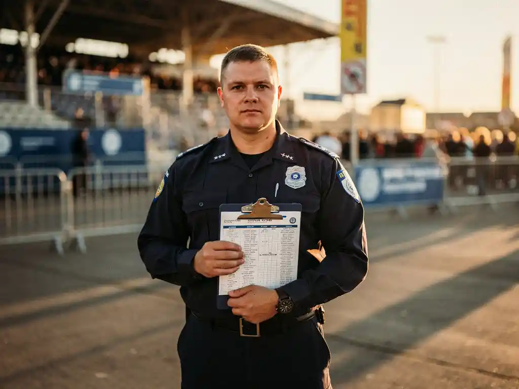 Beveiligingsmedewerker in uniform met klembord bij ingang van buitenevenement, dranghekken en veiligheidsborden op achtergrond.