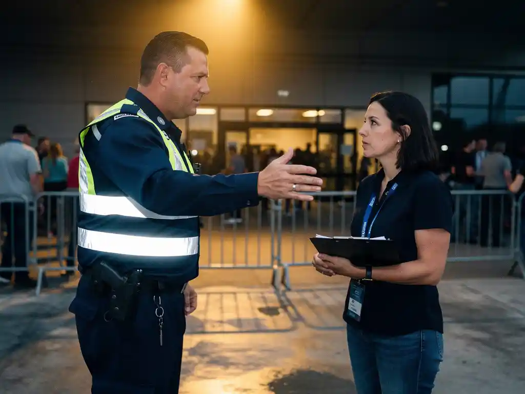 Beveiliger in fluohesje spreekt rustig met evenementenorganisator bij ingang van grote locatie, met menigte en dranghekken op achtergrond.
