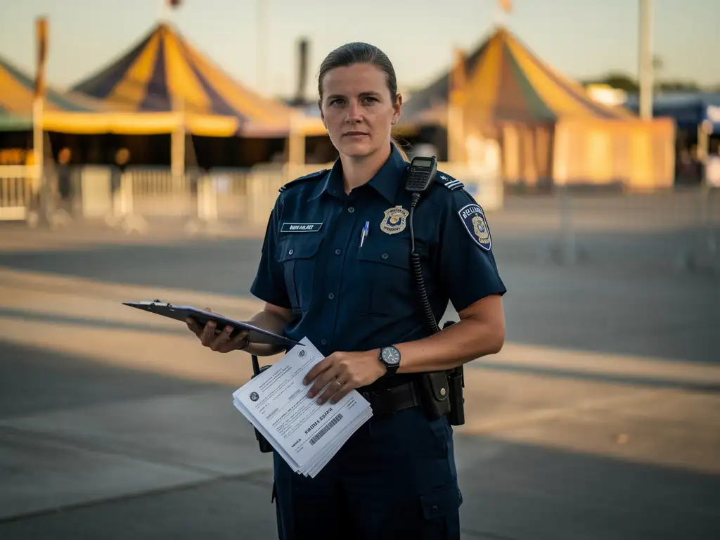 Beveiligingsmedewerker in uniform bij ingang van buitenevenement in Haarlemmermeer, klembord met vergunningsdocumenten in hand, festivalterreinen op achtergrond.