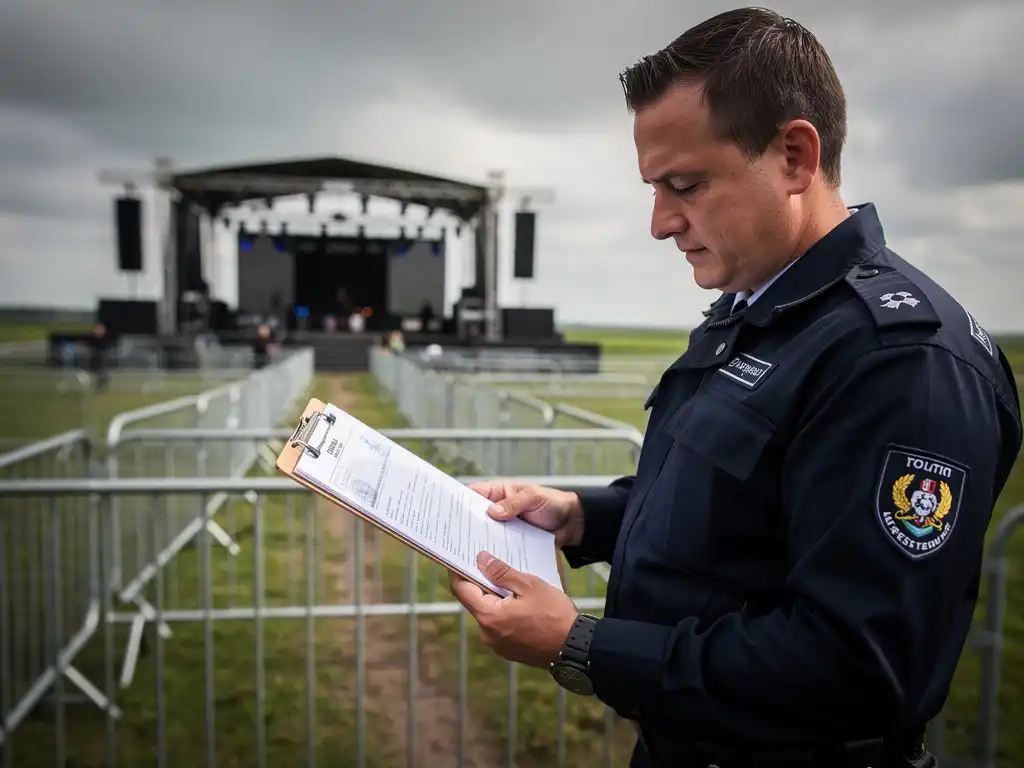 Beveiliger in uniform controleert evenementenvergunning op klembord bij ingang buitenlocatie in de Haarlemmermeer, dranghekken op achtergrond.