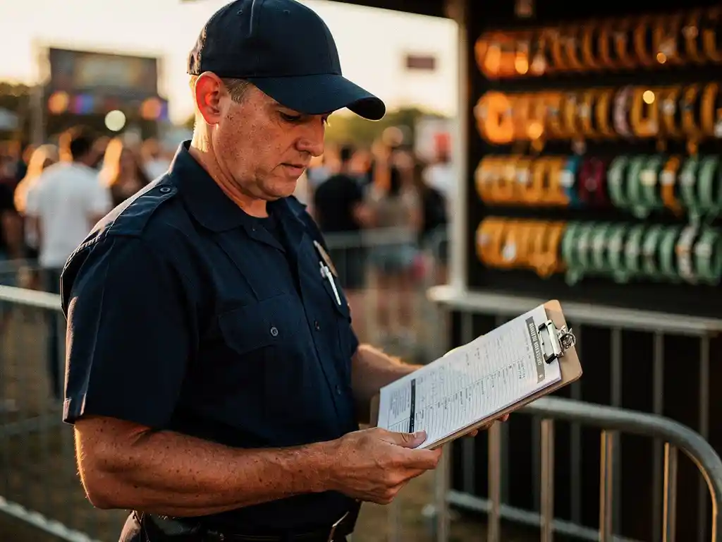 Beveiliger in marineblauw uniform controleert klembord met patrouilleroutes bij ingang van druk buitenfestival in gouden middaglicht.