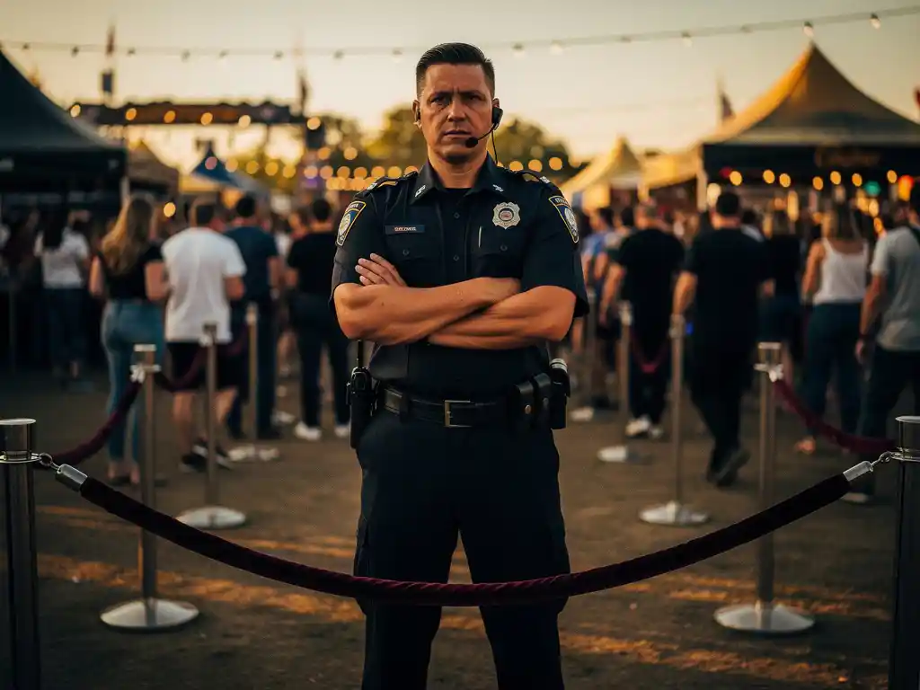 Beveiliger in zwart uniform bij festivalingang met fluwelen touw, armen gekruist, warme avondverlichting op de achtergrond.