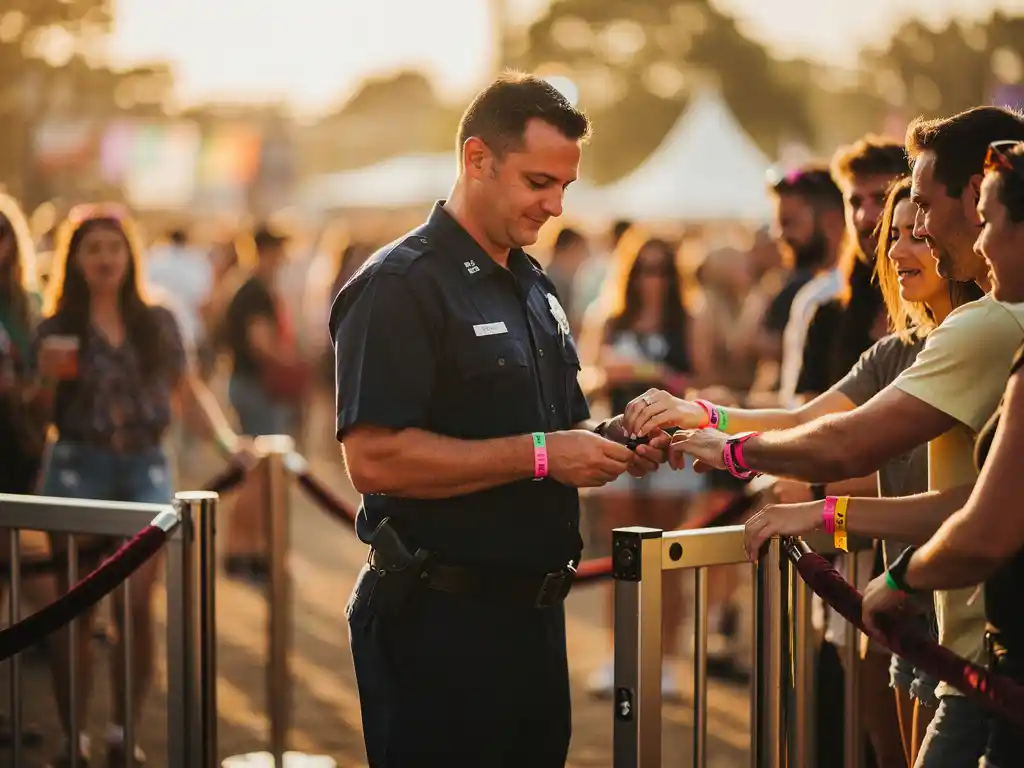 Beveiliger in donker uniform controleert polsbandjes bij festivalingang, menigte achter fluweelkoord in warm middagzonlicht.