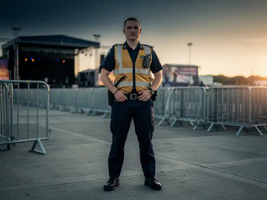 Beveiliger in fluohesje bewaakt festivalingang bij zonsopgang, lege podia en dranghekken zichtbaar op de achtergrond.