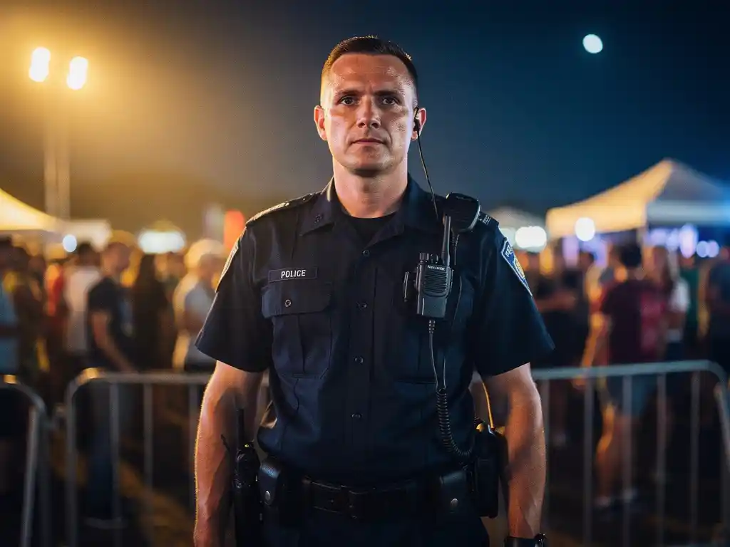 Beveiliger in uniform bij festivalingang, verlicht door warm goud en koel blauw maanlicht, met wazig publiek op de achtergrond.