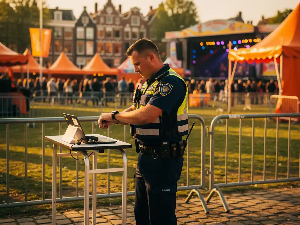 Beveiligingsmedewerker in marineblauw uniform bij de ingang van een buitenfestival aan een Nederlandse rivier, met polsbandjescontrole en kleurrijke tenten op de achtergrond.