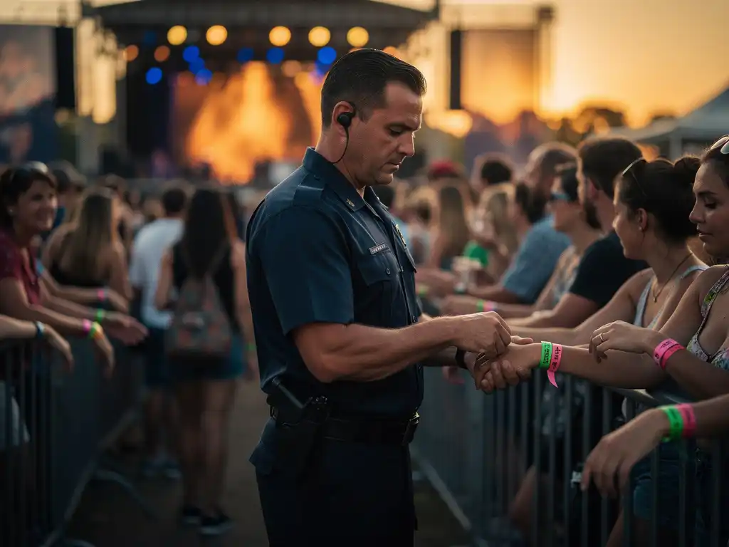 Beveiliger in donker uniform scant polsbandjes bij festivalingang, kleurrijke menigte stroomt door onder amberkleurig avondlicht.