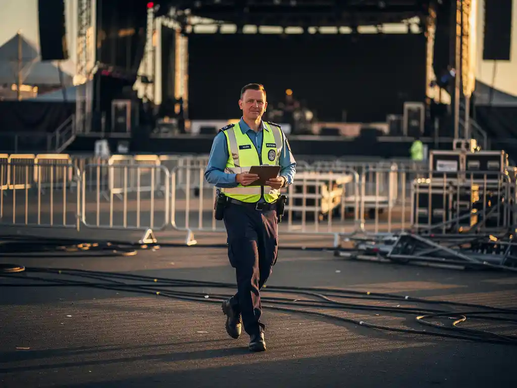 Beveiliger in fluorescerend vest inspecteert leeg festivalterrein bij gouden uur, klembord in hand, podia en dranghekken op achtergrond.