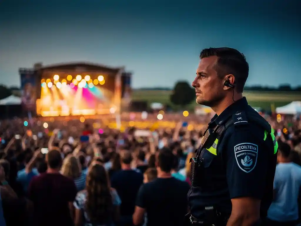 Beveiligingsmedewerker in donker uniform bewaakt een druk buitenfestival in Noord-Holland bij schemering met kleurrijke podiumverlichting.