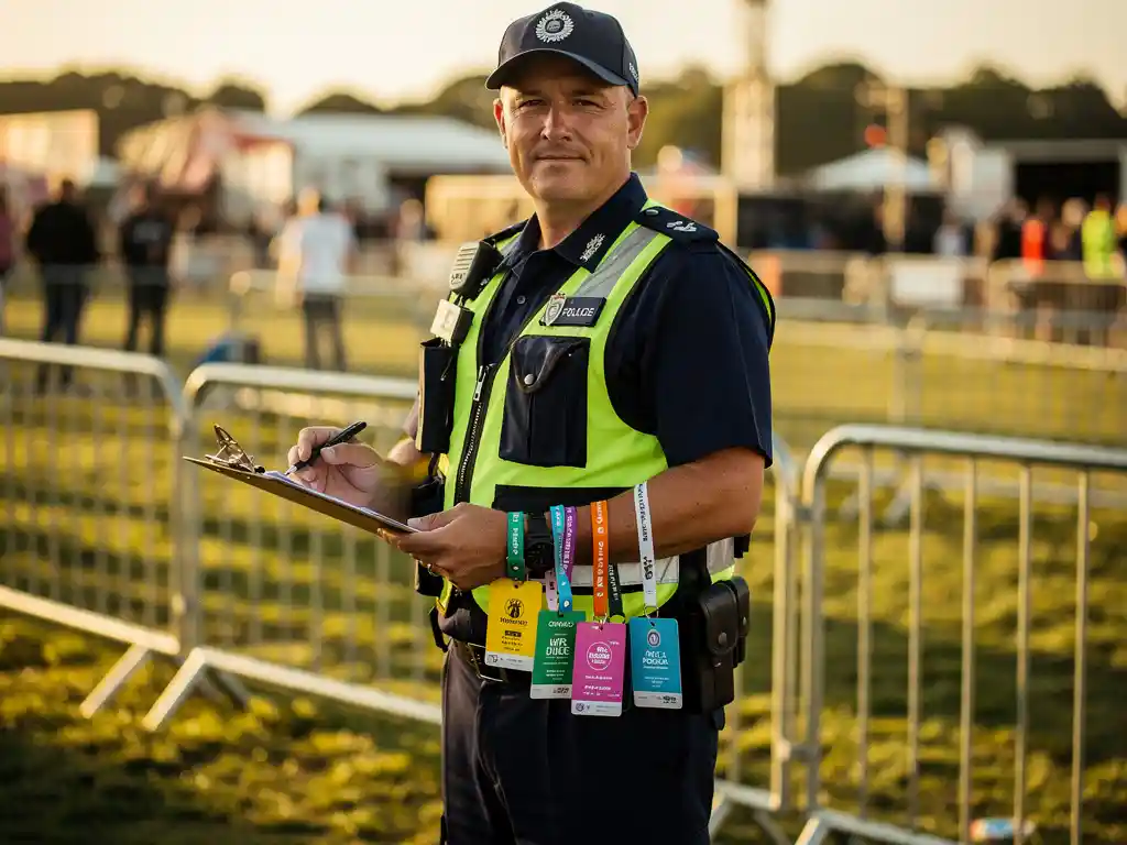 Beveiligingsmedewerker in uniform houdt klembord vast met festivalpolsbandjes en toegangspassen, tijdelijke hekken op de achtergrond.