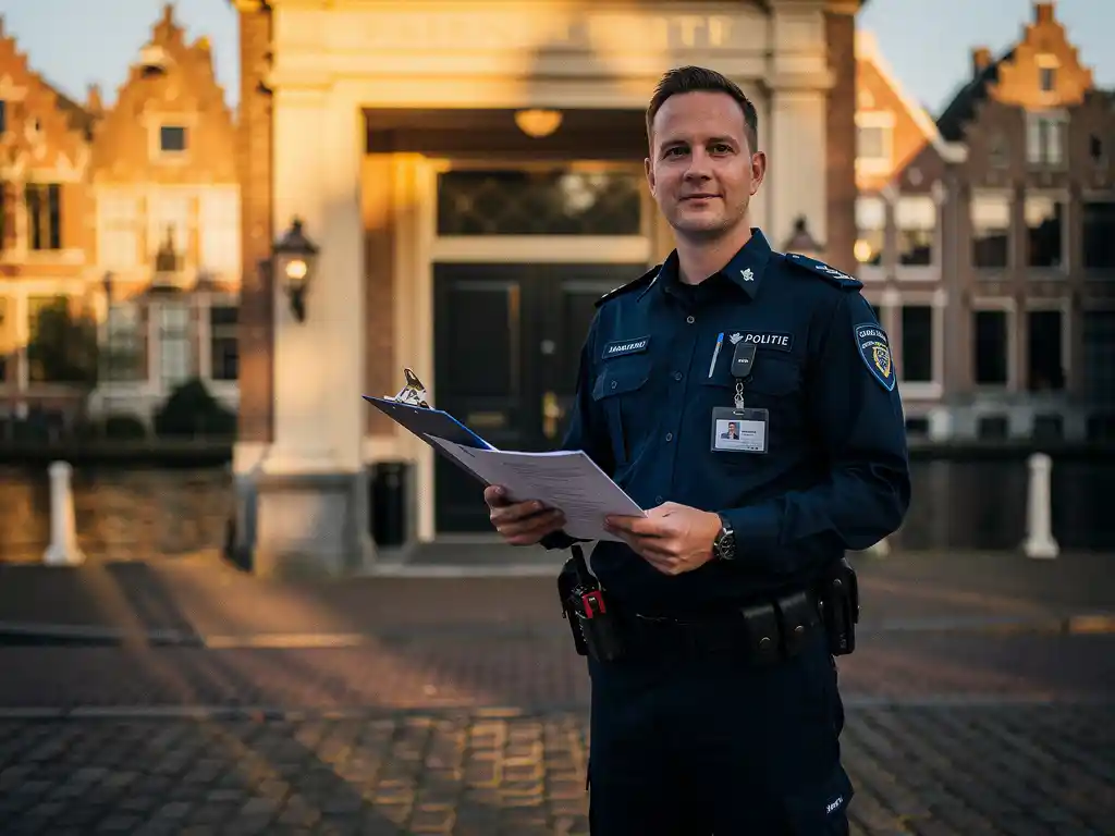 Beveiliger in uniform bij de ingang van een historische evenementenlocatie in Haarlem, klembord in hand, gouden-uurlicht op kinderkopjes.