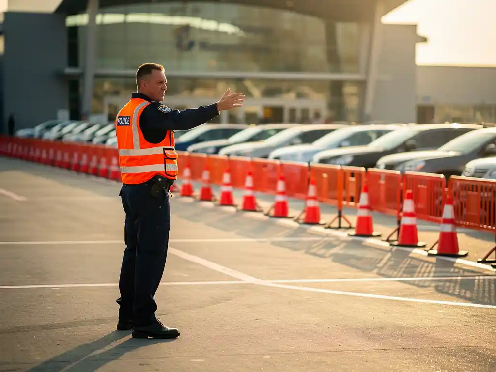 Beveiliger in oranje hesje wijst evenementbezoekers naar georganiseerde parkeerplaats bij grote ingang in middagzon.
