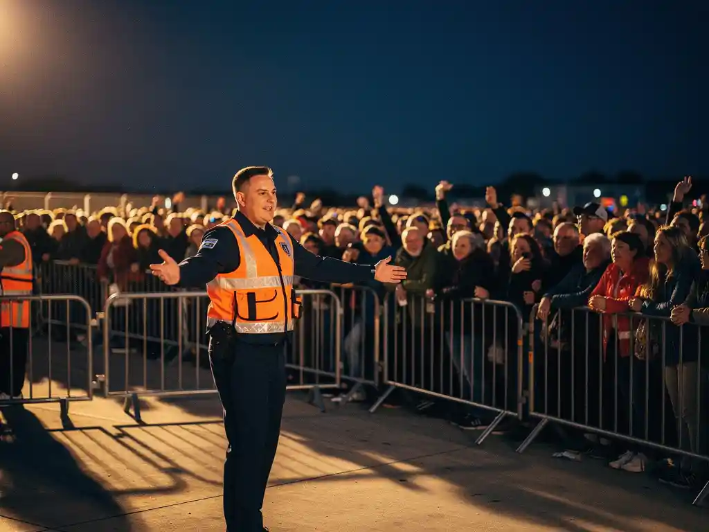 Beveiliger in oranje hesje leidt menigte bij buitenevenement, met draagbare hekken en gouden avondlicht.