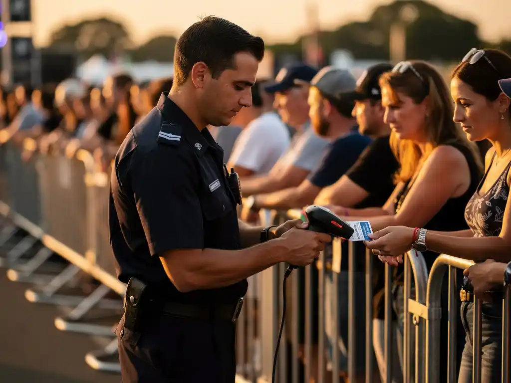 Beveiliger in zwart uniform scant tickets bij festivalingang, geordende rij bezoekers achter afzetpalen in gouden avondlicht.