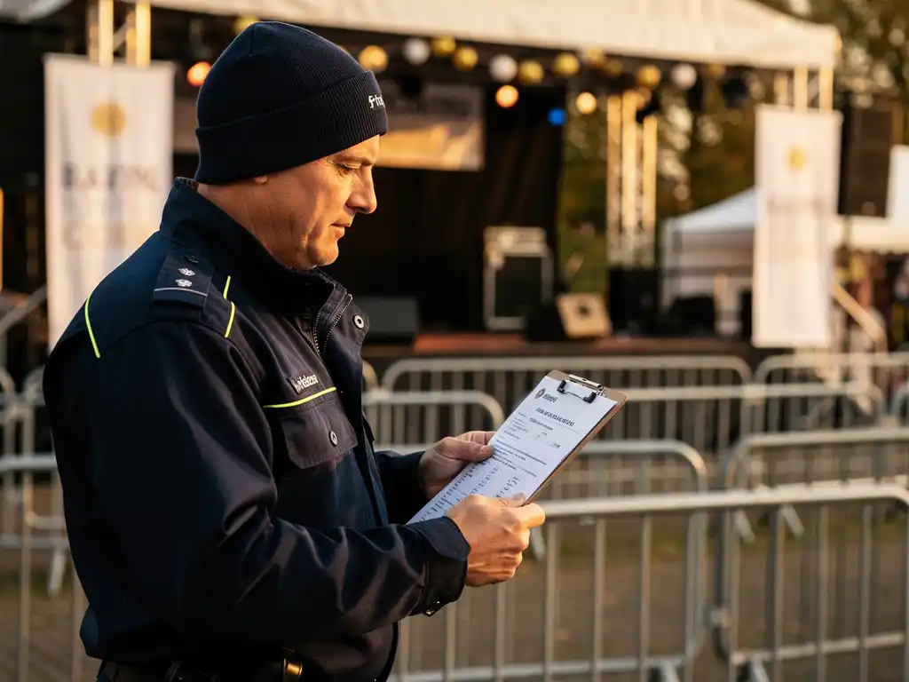 Beveiligingsmedewerker controleert vergunningsdocument op klembord bij ingang van buitenevenement in Alphen aan den Rijn.