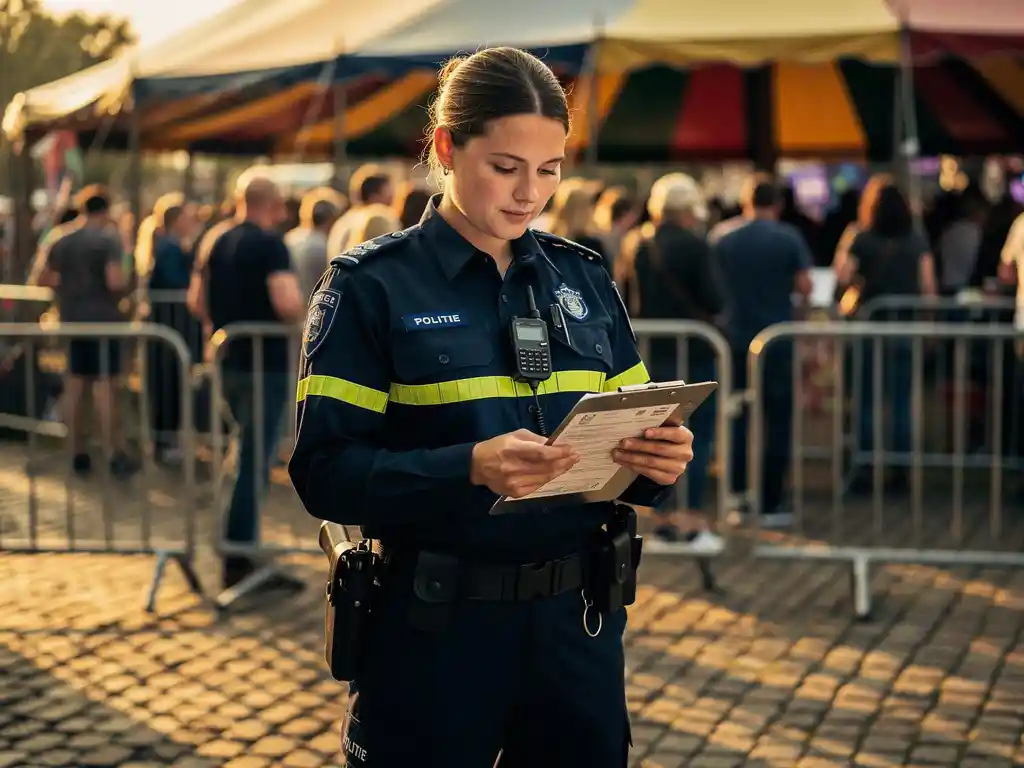 Beveiliger controleert vergunningsdocumenten op klembord bij ingang van buitenevenement in Haarlem, festivaltent en dranghekken op achtergrond.