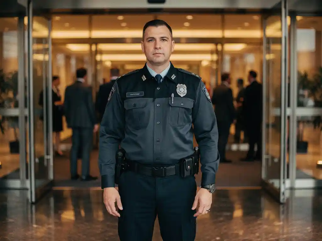 Beveiliger in donker uniform bij ingang van B2B-conferentielocatie, zakelijke gasten op de achtergrond.