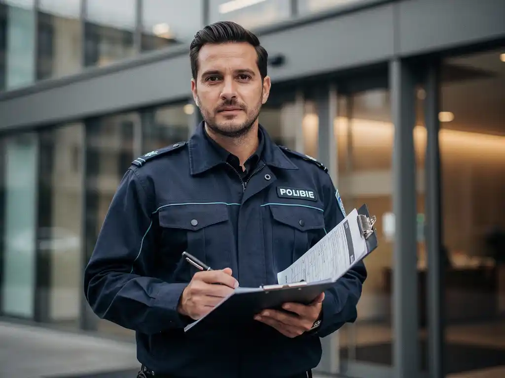 Beveiliger in uniform bekijkt een contract op klembord bij ingang van modern kantoorgebouw, pen in hand.