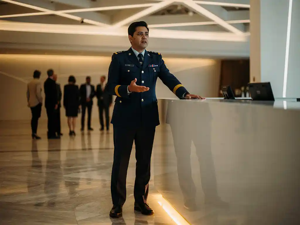 Beveiliger in uniform achter marmeren receptiebalie in moderne evenementenlocatie, wijzend naar aankomende gasten in warmverlichte lobby.