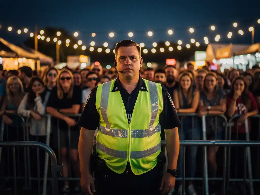 Beveiliger in geel hesje bewaakt drukke festivalingang bij schemering, menigte op de achtergrond onder sfeerlichten.