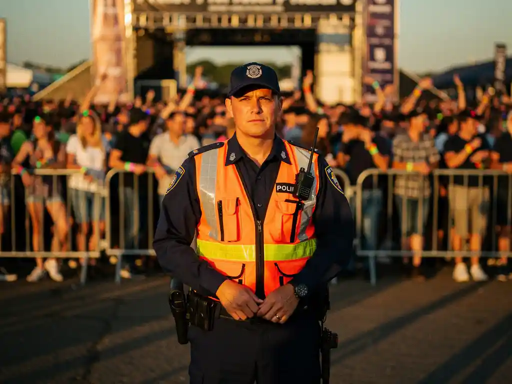 Beveiligingsmedewerker in fluohesje bewaakt festivalingang met polsbandjes en dranghekken, warm tegenlicht, menigte op achtergrond.