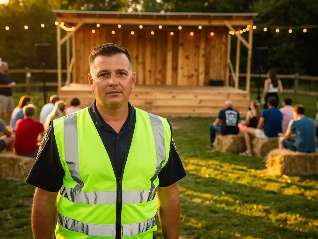 Beveiliger in geel hesje bij ingang van klein buitenfestival met houten podium, hooibalen en sfeervol slingerlamplicht in de avondzon.
