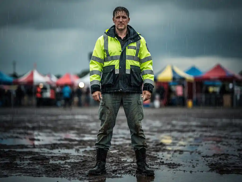 Beveiliger in geel hesje bij ingang van buitenfestival tijdens hevige regen, natte kleding en modderige grond op de voorgrond.