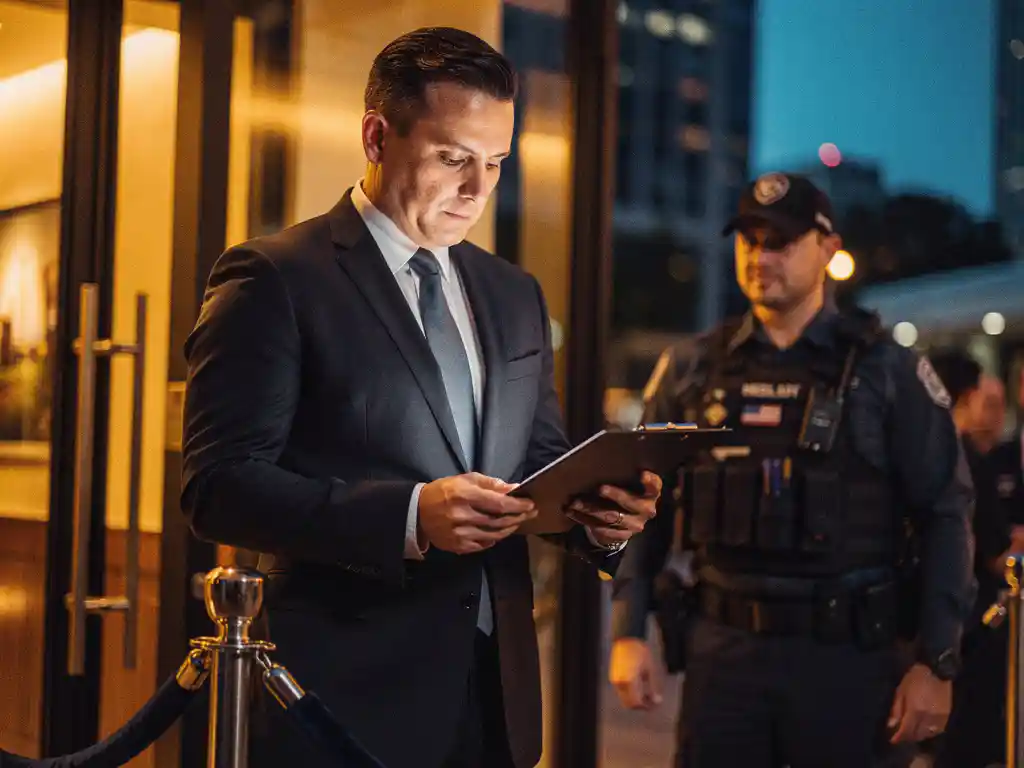 Uitsmijter in donker pak controleert gastenlijst bij ingang, bewaker scant menigte op achtergrond, warme amberverlichting.