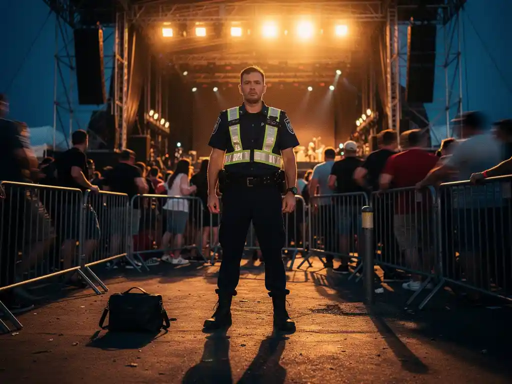 Beveiliger in uniform scant schemerig buitenevenement af, onbeheerde tas zichtbaar bij hekpaal temidden van drukke menigte.