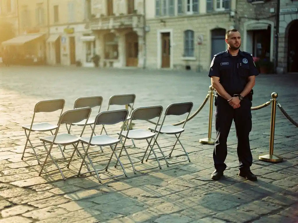 Kleine buitenevenement opstelling met klapstoelen op een stadsplein, bewaker bij touwbarrière in warm middagzonlicht.