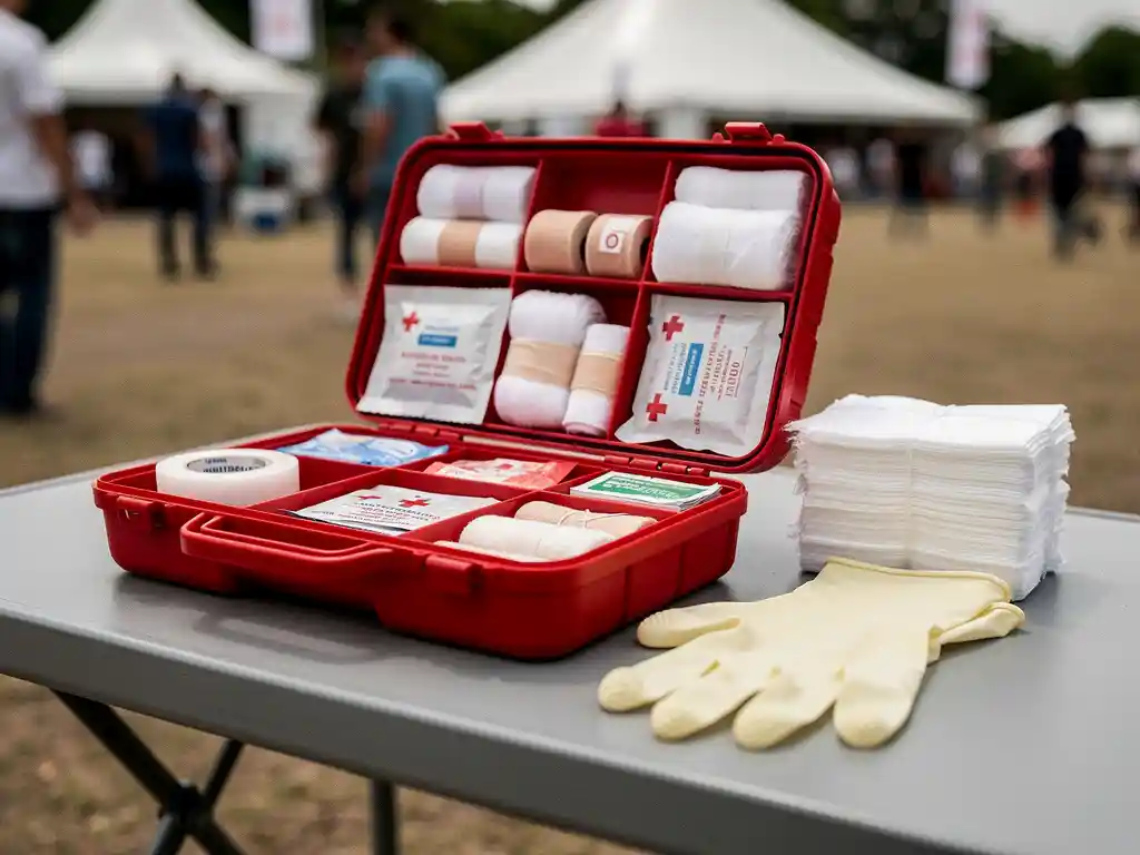 Open rode EHBO-koffer op klaptafel bij buitenevenement, met latex handschoenen en verbandmiddelen netjes uitgestald.