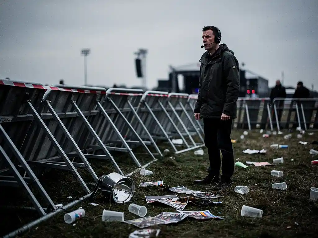 Eventorganisator staat alleen bij omgevallen dranghekken en verspreid afval op een verlaten buitenlocatie onder bewolkte lucht.
