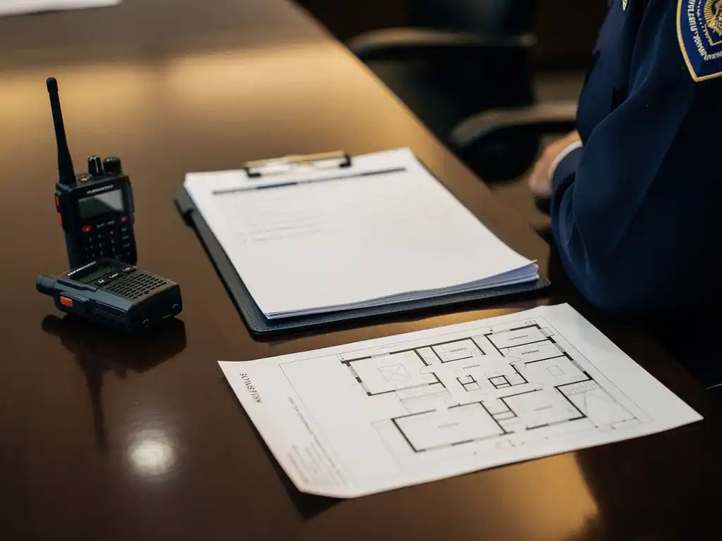 Evenementenplanning klembord op conferentietafel met radio, gelamineerd schema en plattegrond, veiligheidsofficier zichtbaar op achtergrond.