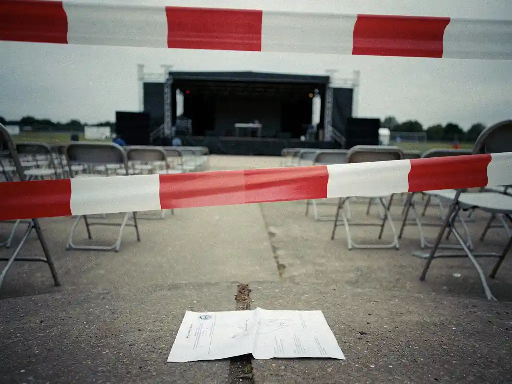 Rood-wit afzetlint blokkeert ingang van buitenevenement, met leeg podium, klapstoelen en officieel document op de grond.