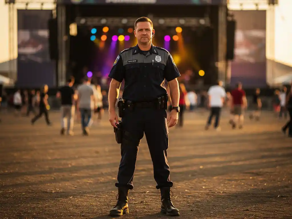 Beveiligingsmedewerker in donker uniform bij ingang van buitenfestival, met menigte en kleurrijke podiumverlichting op de achtergrond.
