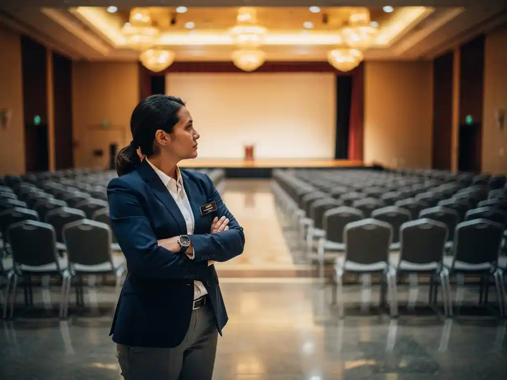 Evenementencoördinator in donker blazer inspecteert lege conferentiezaal met gestoelrijen en gouden verlichting.